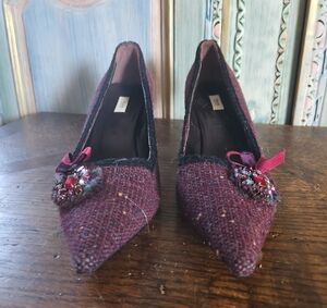 Prada Burgundy Tweed Heels with Embellishments